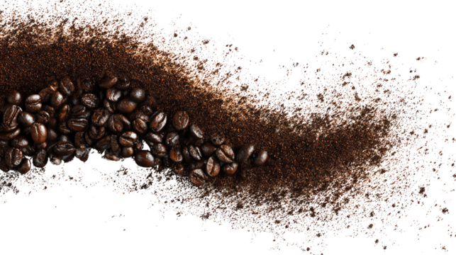 Coffee beans and ground coffee arranged creatively on a white background.