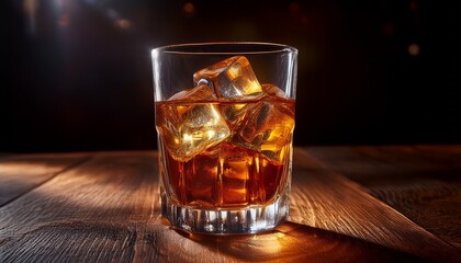 close up shot of a glass filled with ice cubes and amber liquid rests on a dark wood surface with selective focus dramatic lighting