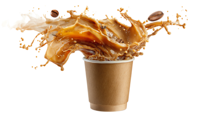 Coffee splashing from a cup against a white isolated background, depicting vibrant energy and freshness.