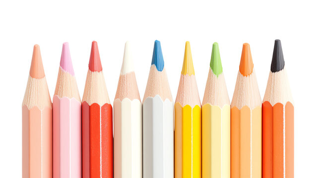 Colored pencils arranged in a row, ideal for art supplies and creative projects, white isolate background.