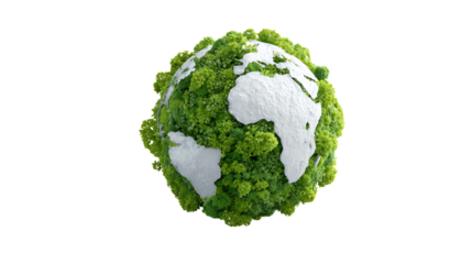 Earth globe covered in lush greenery, symbolizing nature and environmental care, on a white isolated background.
