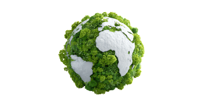 Earth globe covered in lush greenery, symbolizing nature and environmental care, on a white isolated background.