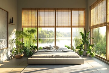 A modern bedroom with clean lines, a low-profile bed surrounded by indoor plants, large windows with bamboo shades, and a peaceful view of a serene lake in the distance.