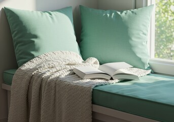 Serene Reading Nook Cozy Window Seat with Mint Green Pillows and Knit Throw