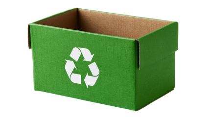 Green cardboard box with recycling symbol on white isolated background.
