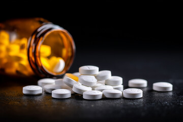 High resolution closeup of scattered white tablets lying near transparent medicine bottle on black background emphasizing clarity and bright lighting