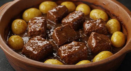 Close up of beef stew with potatoes in a clay pot ready to be served for a hearty meal