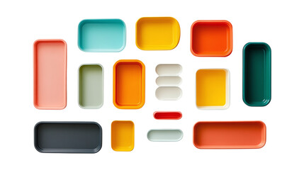 • A flat-lay of colorful, modular food containers, isolated on white background in HD 