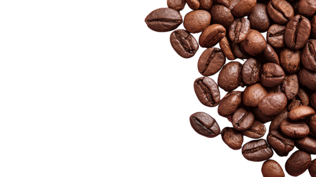 Roasted coffee beans on a white isolate background, showcasing their rich color and texture.