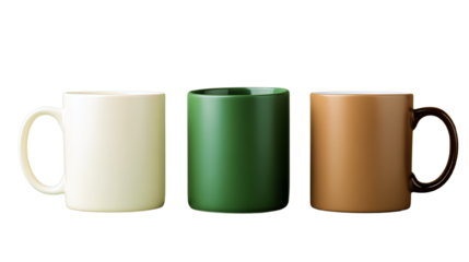 Three stylish mugs in white, green, and brown on a white background, ideal for coffee or tea enthusiasts.