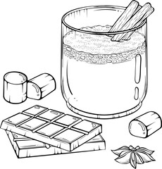Festive drink cappuccino or eggnog in a glass with cinnamon stick, with chocolate bars and marshmallows. Cozy holiday composition. Vector illustration in hand drawn style. Line art isolated on white