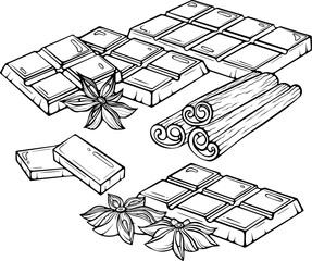 Festive composition with chocolate bars, cinnamon sticks, and star anise. Winter or culinary themes. Vector illustration in hand drawn doodle sketch style. Line art isolated on white for coloring book