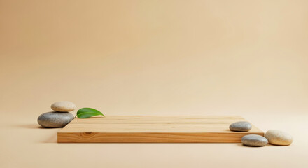 Wooden platform with stones and green leaf on beige background studio shot image