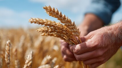 Hands of a farmer inspecting ripe wheat grains in a sunny field, symbolizing harvest and quality. Agriculture, abundance. Natural light.