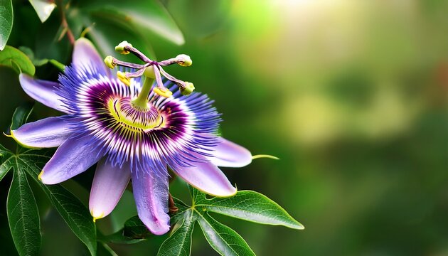 beautiful purple passion flower or passion vine passiflora incarnata blooming in the summer garden natural soft green background with copy space