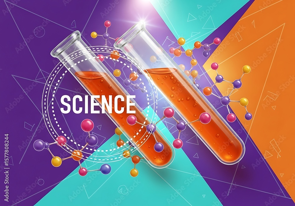 Poster abstract science experiment with chemical solutions and molecular structures on colorful geometric b