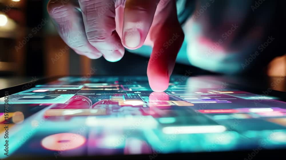 Poster closeup of a man using smartphone with fingers on a touchscreen at night, closeup man uses smartphon