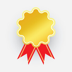 Golden medal-style badge featuring a vibrant red ribbon, symbolizing achievement, honor, and excellence