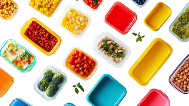 • A flat-lay of colorful, modular food containers, isolated on white background in HD 