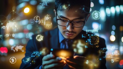 Businessman Engaged in Mobile Activity with Glowing Interface Elements