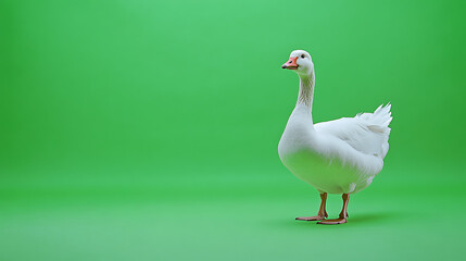 Fototapeta premium White goose standing on a vibrant green background, showcasing its features and posture