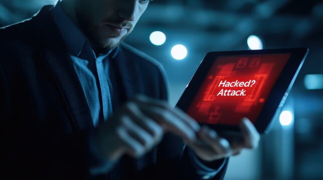 Businessman with Tablet Displaying Warning Message in Dark Setting