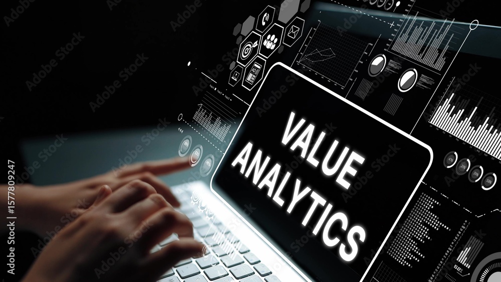 Poster data visualization concept with hands on laptop showing value analytics interface and digital graphs
