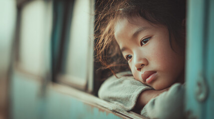 Close-up of an asian little girl resting her head on an open car window, looks lonely and sad