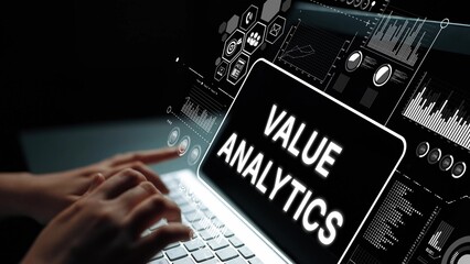 Data Visualization Concept with Hands on Laptop Showing Value Analytics Interface and Digital...