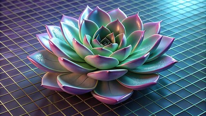 Futuristic Succulent Plant on Neon Grid Vibrant 3D Art of Echeveria with Colorful Lights and Modern Design