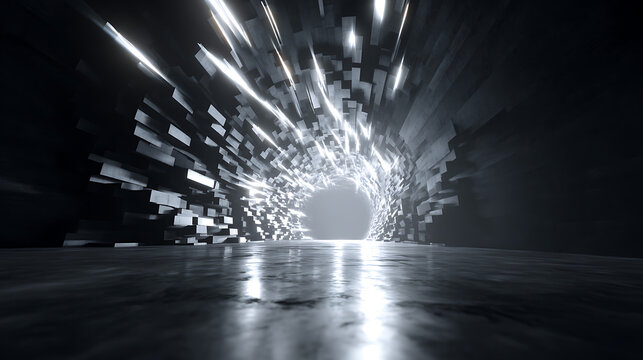 A futuristic tunnel of glowing blocks leads into a bright, unknown destination