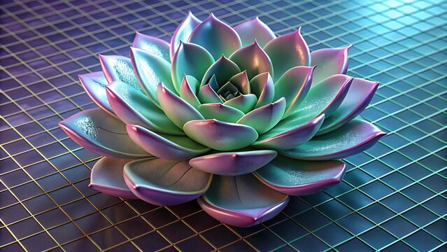Futuristic Succulent Plant on Neon Grid Vibrant 3D Art of Echeveria with Colorful Lights and Modern Design - Powered by Adobe