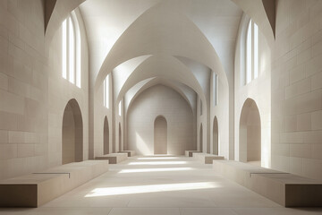 Fototapeta premium Minimalist Vaulted Hall Interior With Built In Stone Bench Seating And Arched Window Niches