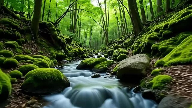 Beautiful forest stream flowing through mossy rocks nature scenery tranquil landscape wallpaper hd nature 4k on transparent background