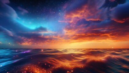 Fototapeta premium glowing particles and fluid waves form a vibrant backdrop like a rich colorful summer evening sky
