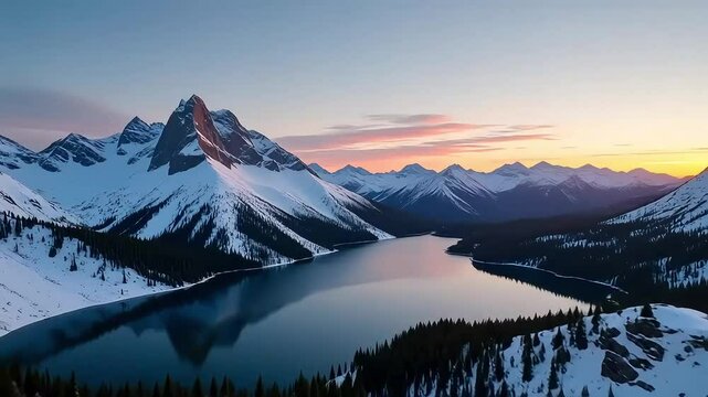Beautiful winter landscape of snow covered mountains and lake at sunset nature travel scenery on transparent background