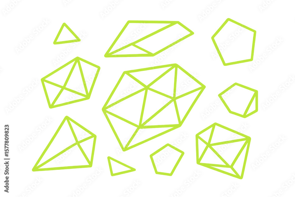 Poster transparent backdrop featuring green geometric forms floating dynamically, presenting clean minimali