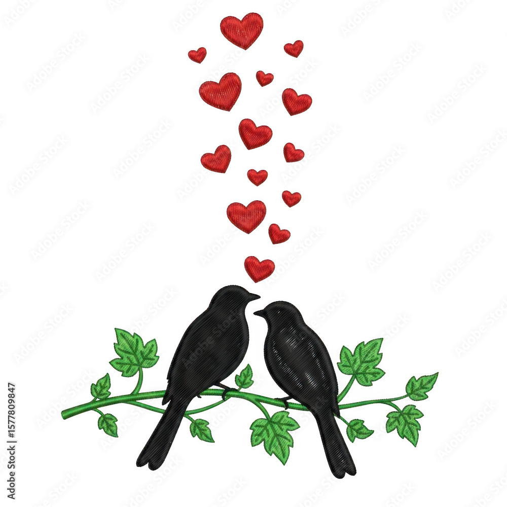 Poster two black birds perched on a branch with red hearts floating above transparent background