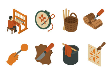 Traditional craft icons: weaving, embroidery, and leatherwork in isometric style