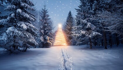 a snowy forest path leading to a glowing christmas tree