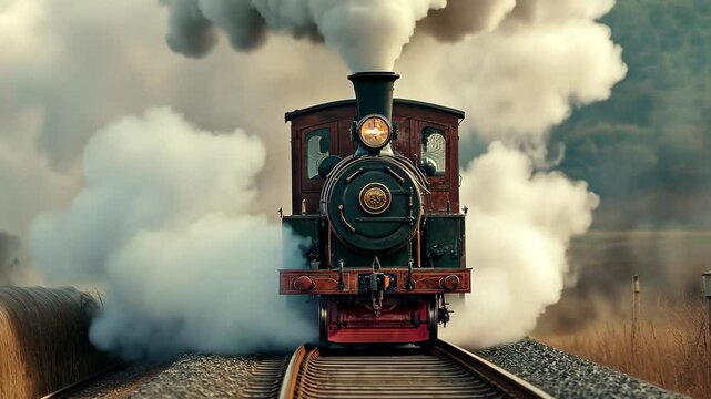 Vintage steam train puffs white smoke as it chugs along quiet countryside tracks, Small antique steam train releasing white smoke on tracks