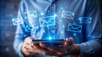 Hands holding a smartphone displaying a glowing network of digital envelopes and connections
