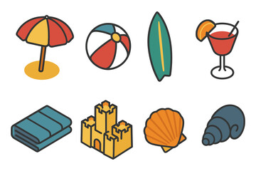 Colorful beach icons set: summer recreation and relaxation essentials