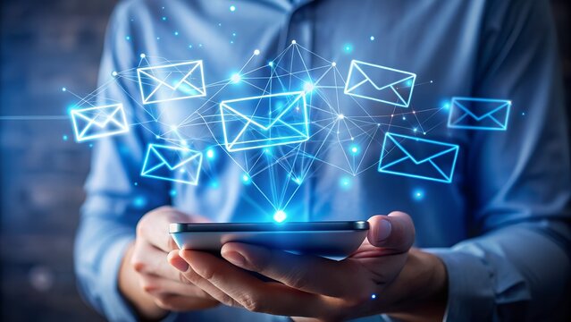 Hands holding a smartphone displaying a glowing network of digital envelopes and connections