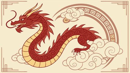 Red chinese dragon illustration, asian mythology creature, oriental art, lucky dragon, new year celebration