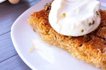 Turkish Maras ice cream and kadayıf dessert in close-up