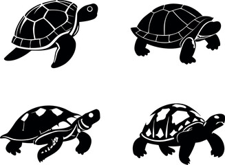 Black turtle icon collection with walking side view and detailed shells