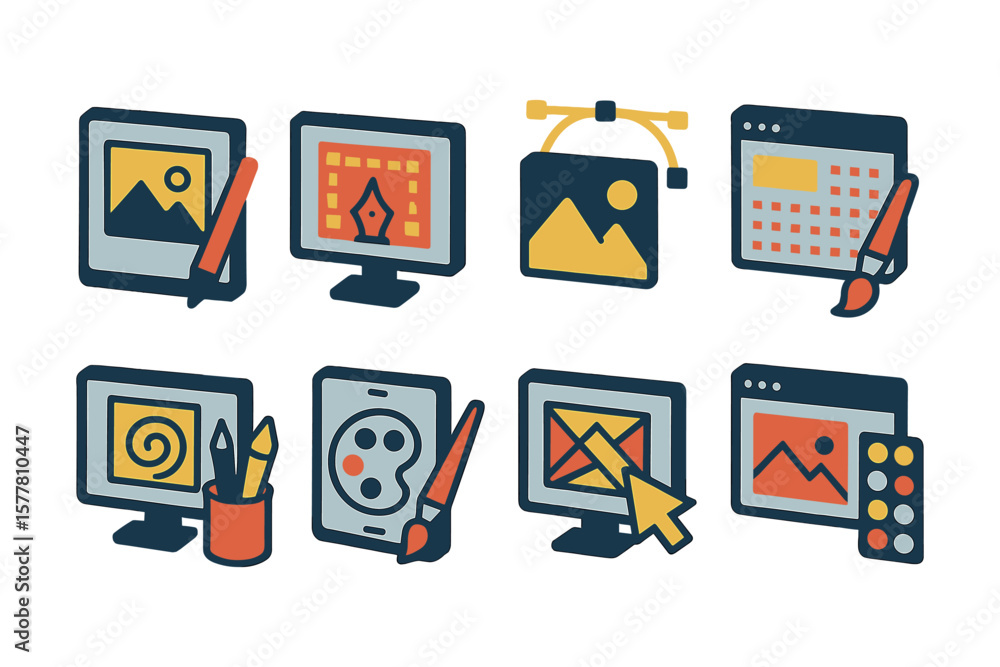 Fototapete graphic design tools icons set featuring digital art elements and software interfaces