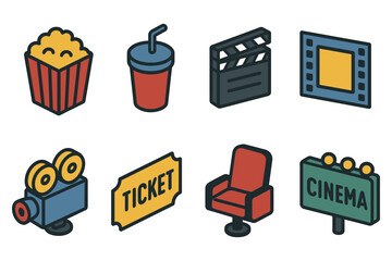 Cinema icons collection: popcorn, ticket, camera, cinema in isometric style