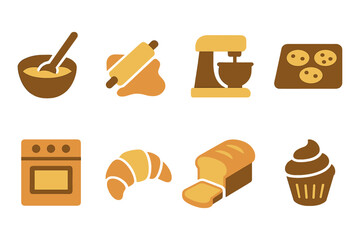 Flat baking icons set with mixer, oven, dough, and pastries in warm tones